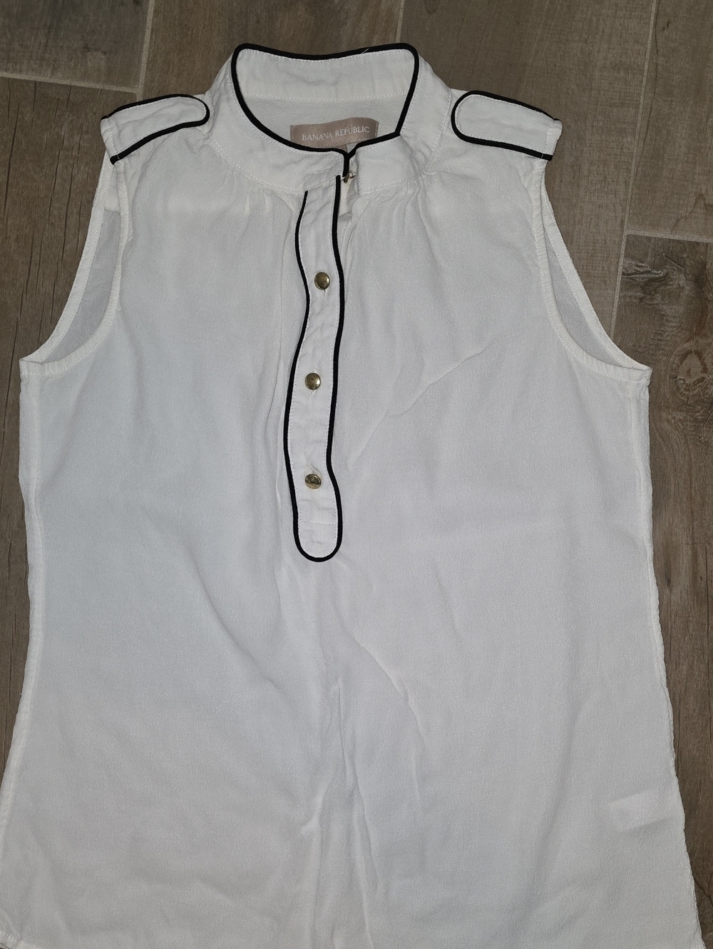 Banana Republic White Sleeveless Blouse with Black Piping and Gold Buttons